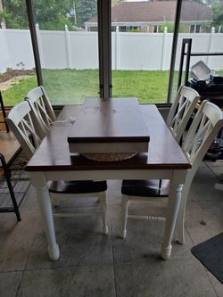 Farmhouse Dining Table Set with 4 Chairs & Matching Bench – White & Espresso