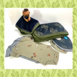 Buffalo Bison Desert Cactus Minky Sherpa Crochet Baby Blanket 7 Pc Gift Set