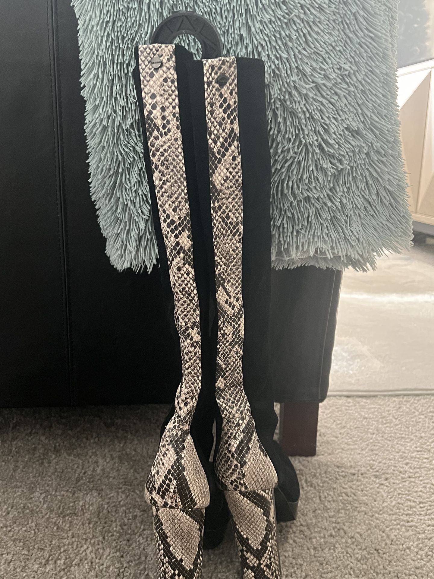 Calvin Klein Tall Black Suede Boots with Snakeskin Leather Trim