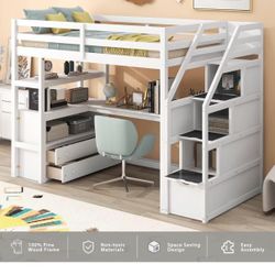 Merax Full Loft Bed with Stairs and Desk, Solid Wood Loft Bed with Storage Stairs, Stairway High Loftbed Frame with Storage Steps for Kids Teens Junio
