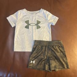 🌟 🌟 [2 pairs] Under Armour - two-piece set- shirt and camouflage shorts & Born Awesome [12 & 24 M]