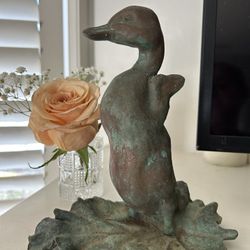 Antique Heavy Bronze verdigris patina signed Duck sculpture Duckling RARE Sculpture Collectible Statue Ornamental Figure Vintage 