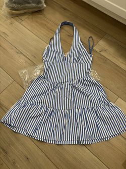 More To Come Blue White Striped Halter A-Line Tiered Cotton Dress
