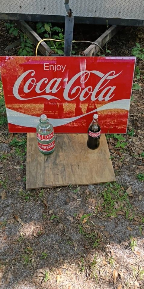 Old Glass Coke Sign And Two Old Glass Coke Bottles