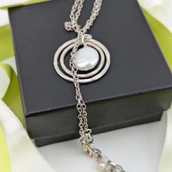 Sterling Silver 925 Double Hammered Hoops with Pearls Necklace   