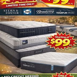 🔥 HUGE MATTRESS SALE 🔥 Top Brands: Stern & Foster • Sealy • Beautyrest • Tempur-Pedic 💥 Starting @ $99  ✔ All sizes available ✔ Plush, firm & hybri