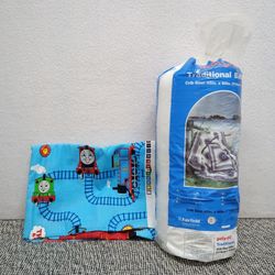 Poly-fil Traditional Polyester Batting and a Thomas & Friends themed fabric.