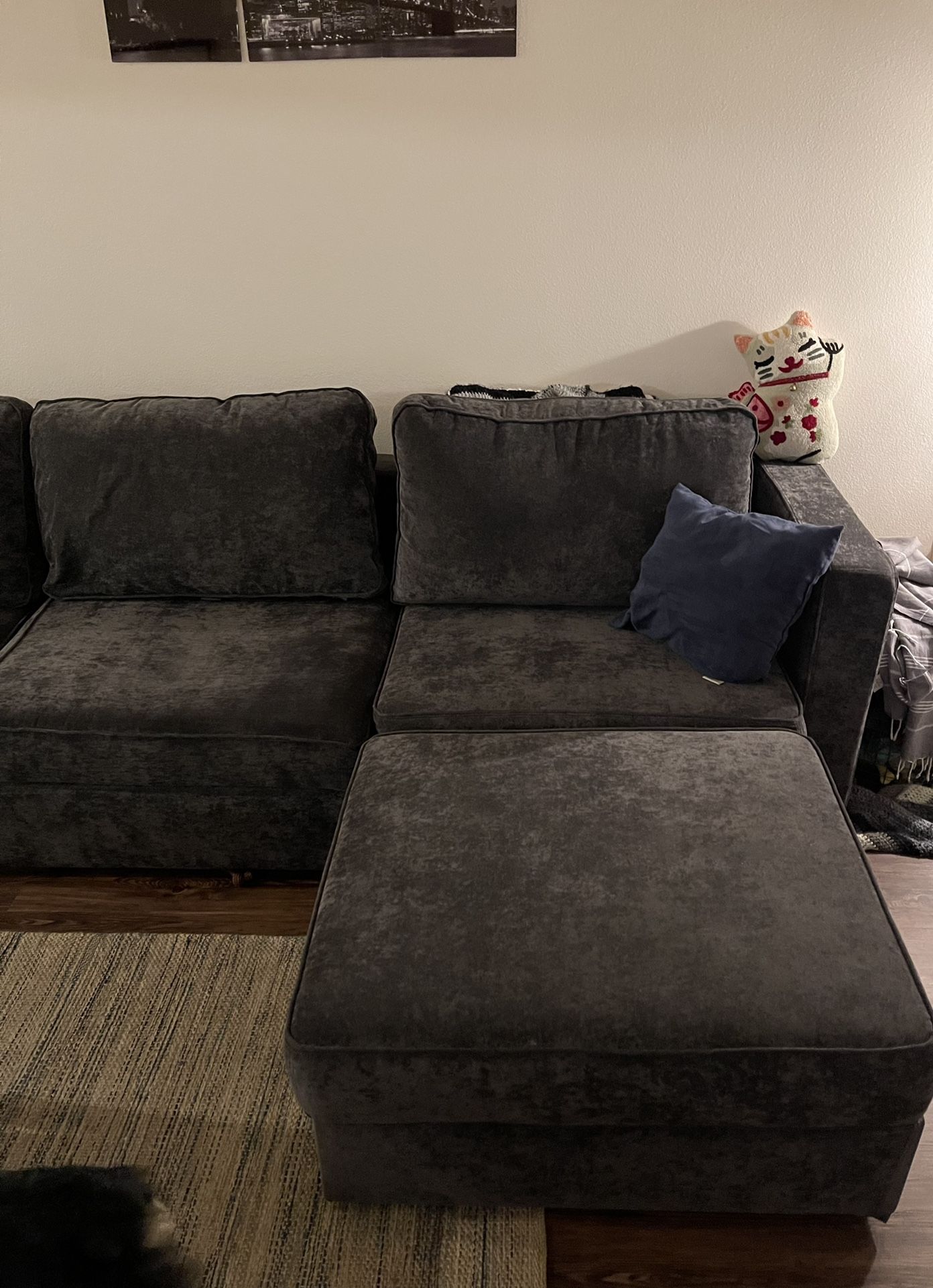 LoveSac Sactional Couch, 4 Seats, 5 Sides, Charcoal Grey Corded Velvet