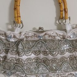 White Satin and Sequin Crystal Beaded Purse