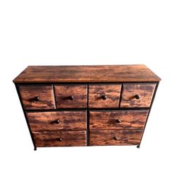 Industrial 8-Drawer Fabric Dresser — Wood-Grain Fronts, Metal Frame, Wood Top