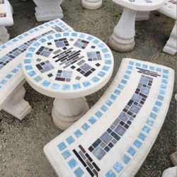 Concrete Mosaic Cocktail Table with 2 Benches/ Outdoor Patio Furniture