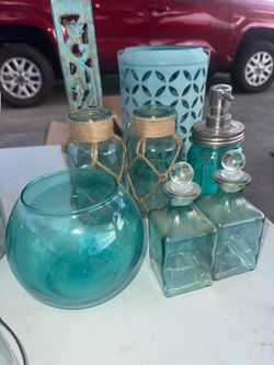 Teal and clear glass decorations