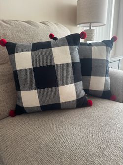 Gingham Pillow red pom poms