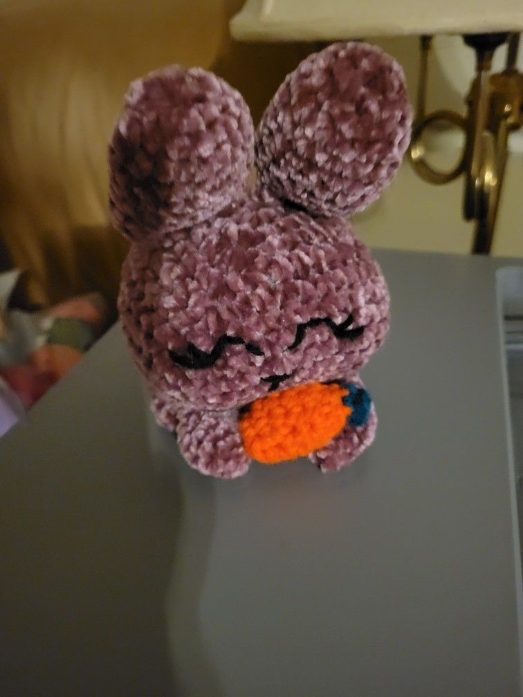 Hand crocheted velvet bunny/carrot.  Carrot was applied via hot glue gun.