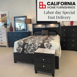 Luxury Cadence Dark Wood 4pc Queen Bedroom Set | Modern LED Headboard Suite