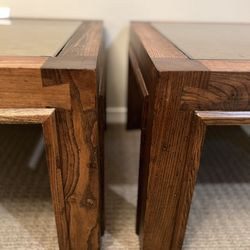 Vintage MCM Solid Oak End Tables with a Cork Style Inlay