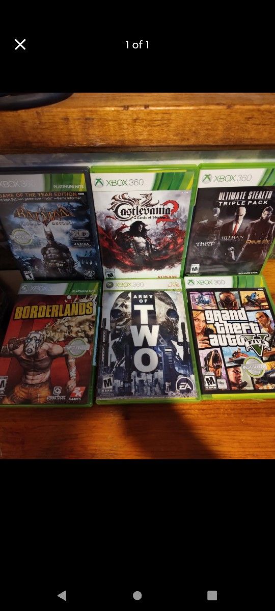 6 xbox360 lot games Borderlands, Batman, Army of Two, Castlevania, GTA 5, dues ex, hitman, thief