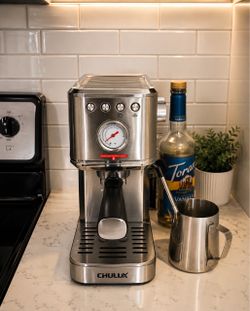 CHULUX Espresso Machine in stainless steel, featuring a built-in pressure gauge and steam wand.