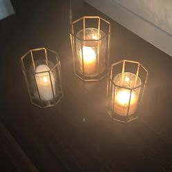 Set Of 9 Glass And Gold Candle Holders 