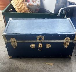 Vintage Blue Storage Trunk with Brass Hardware