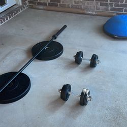 Olympic Barbell 45lbs... With 25LbS Rubber Bumper Plates And 35LBS DUMBBELLS