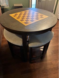 High top wood chess inlay table with stools