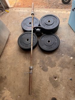*PACKAGE DEAL* Bumper plate weights, Olympic bar (45lb), & Kettlebell (35lb)