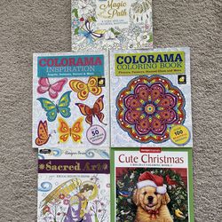 Adult Coloring Books, lot of 5 new, 100’s of designs, 3  Colorama Popular Books, 1 Designer Series, 1 Designer Originals 