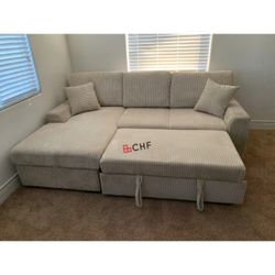 Corduroy Fabric Upholstered Chaise Storage Pull Out Bed Sectional Sofa with 2 Throw Pillows