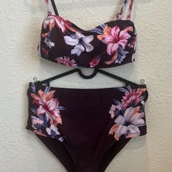 Kona Sol Large Medium Bra Top Two Piece Maroon Swimsuit Brief Bottoms Strapless