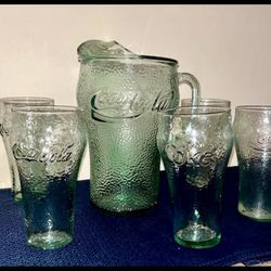 Set of 6 VTG Coca Cola Glasses & Pitcher Pebble Green