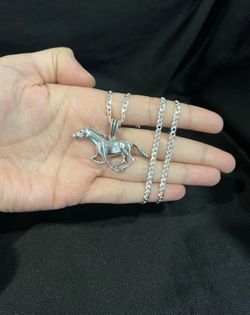 925 Sterling Silver Big Running Horse Caballo Pendant & Curb Chain