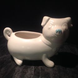 Pug Dog Retro White With Teal Nose Planter/Bowl Brand New 10" W x 6.5" H
