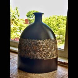 Organic Modern Dark Brown Spiral Carved Ceramic Vase - 12”