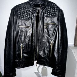St. John’s Sport Leather Motorcycle Jacket, Large, Black with Gold hardware