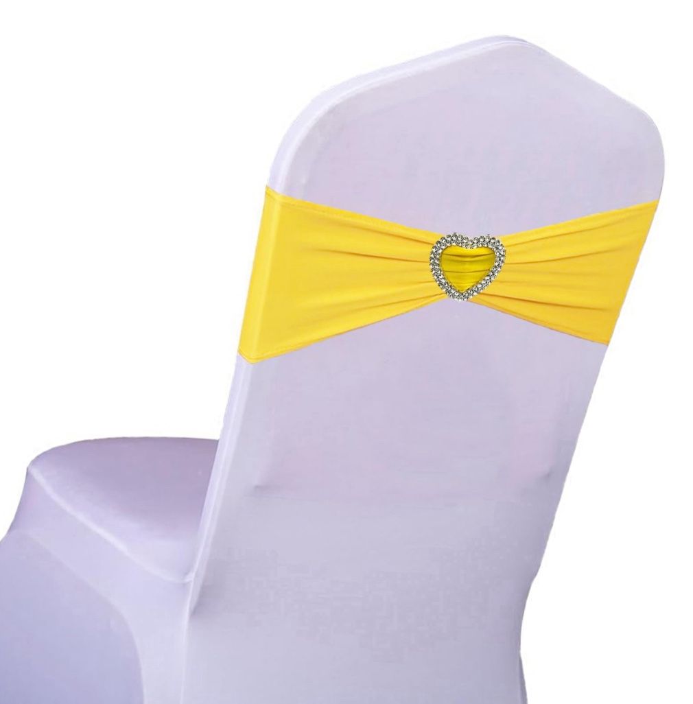 WYFMYD Yellow Chair Sashes 25 Pack Spandex Yellow Sashes For Chairs Covers Universal Stretch Chair Sashes Band With Heart Buckle Slider For Wedding Ba