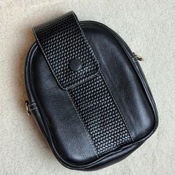 Leather Mini Black Crossbody Bag with Gold Zipper & Adjustable Strap Compact Purse