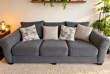 Gray 3-Seat Fabric Sofa with Throw Pillows