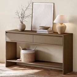 Assembled 55'' Console Table with 2 Drawers, 4 Solid Wood Legs - Walnut