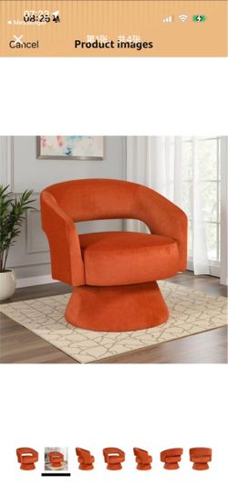 Vibrant orange swivel barrel chair is upholstered in velvet with a wood frame and foam cushioning. This piece has a curved backrest and a pedestal bas