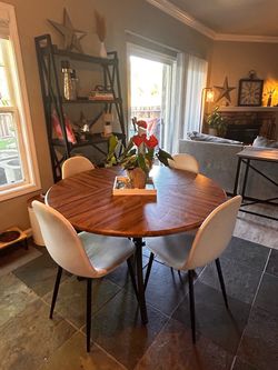 Round 47” Sunburst Wood Dining Table with 4 Upholstered Chairs
