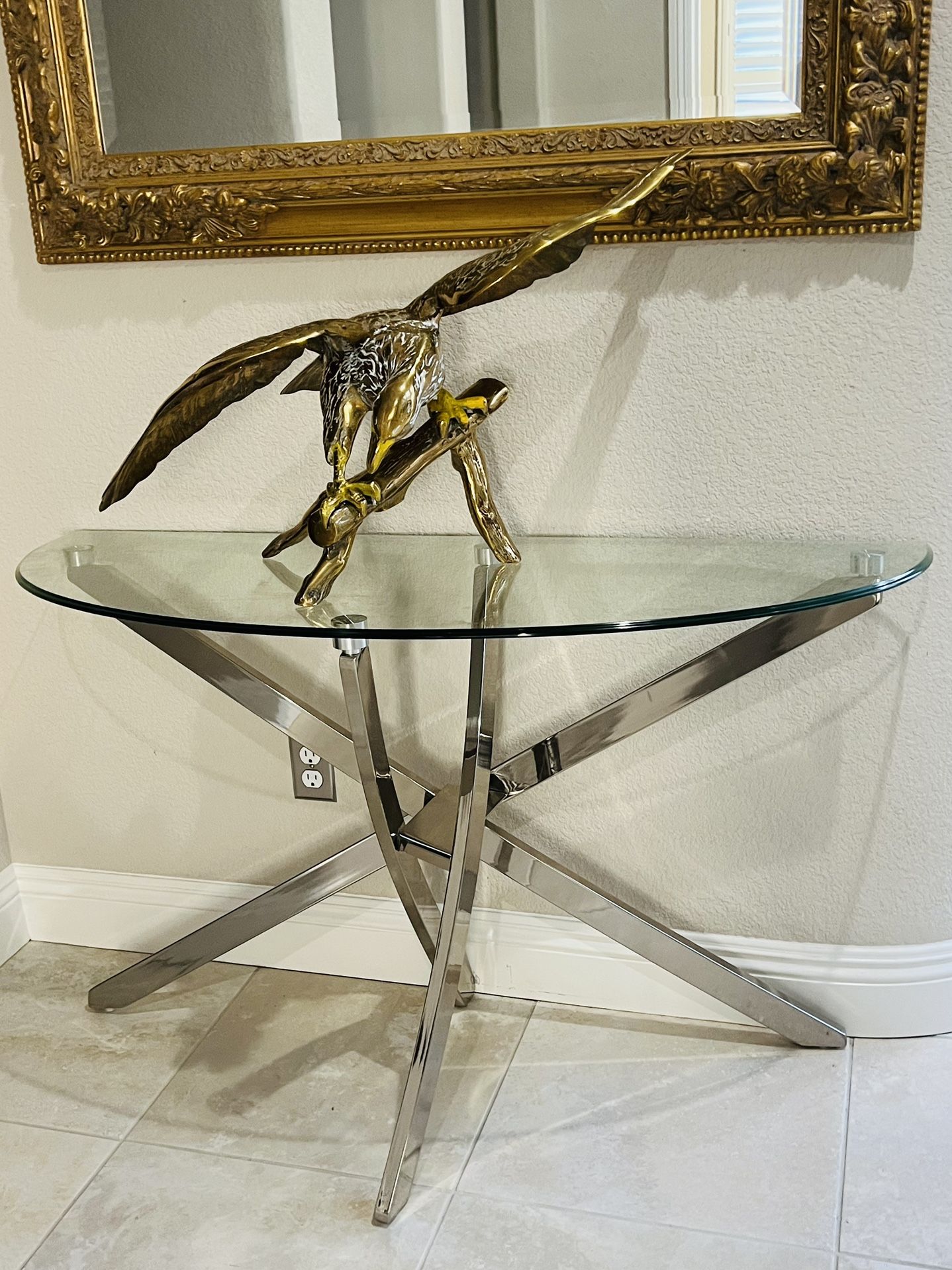 Half Moon Glass Console Sofa Table top Silver Leg