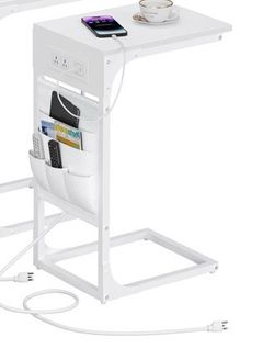 C Shaped Side Table White with Built-in Power Outlet and Storage Pockets