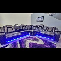 Leather Reclining Sofa Sets With LED Lights 