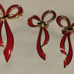 Vintage Red Bow Brooch And Earrings - Gold-Tone Enamel Red Ribbon Classic Bow Pin Antique