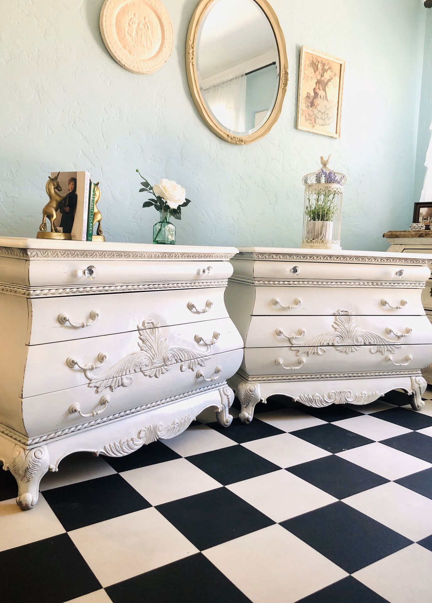 French Provincial Bombay White Extra Large 2 Nightstands Dressers