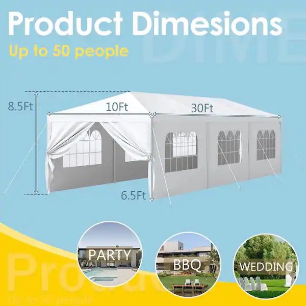 10 ft. x 30 ft. White Outdoor Gazebo Wedding Party Tent with Removable Sidewalls