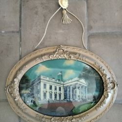 Antique Reverse Painting White House 1917 Oval Bubble Convex Curved Glass Picture Frame 