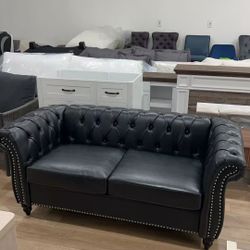 Leather Sofa, Chesterfield Tufted Upholstered 2 Seater Couch, Modern Loveseat Couch Classic Furniture for Living Room Bedroom (Black)