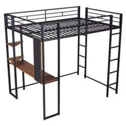 New! Harper & Bright Designs Full Loft Bed with Desk and 2 Storage Shelves, Metal Loft Bed Frame